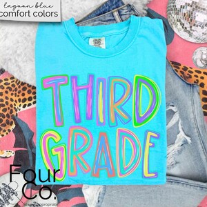 K&ouml;nnte beinhalten: Ein t&uuml;rkisblaues T-Shirt mit den Worten "THIRD GRADE" in bunten Buchstaben. Das Shirt ist von Jeans, einem Leopardenmuster und einer Discokugel umgeben.