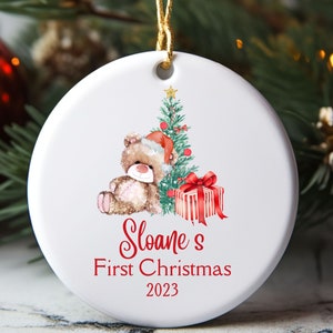 Personalized Baby&#39;s First Christmas Ornament, Keepsake Christmas Ornament, Ceramic Ornament, Baby&#39;s 1st Christmas, Bear Ornament