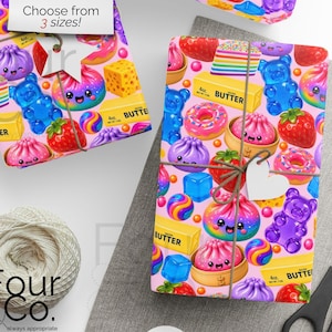 May include: Wrapping paper featuring a repeating pattern of colorful kawaii-style food items including pink and purple dumplings, blue and purple gummy bears, strawberries, donuts, rainbow cake slices, and yellow butter sticks labeled 4oz butter.