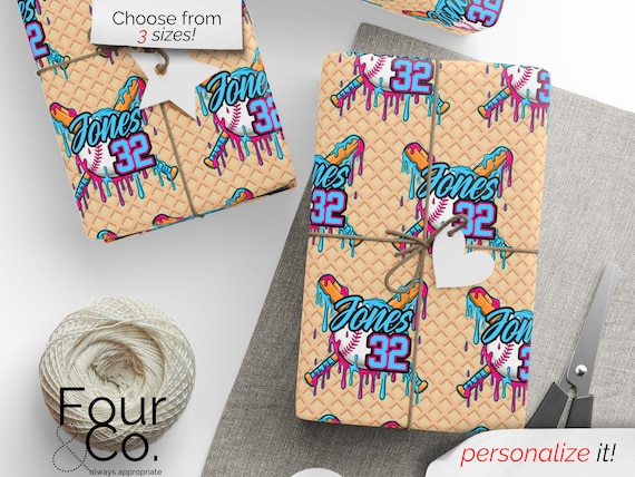 Custom Baseball Drip Wrapping Paper, Baseball Gift Wrap, Baseball Ice Cream Drip Paper