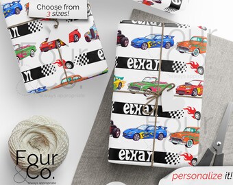 May include: White wrapping paper rolls with colorful race cars, black and white checkered flags, and the text "etxan". The text "Choose from 3 sizes!" is also visible. The Four & Co. logo is at the bottom.