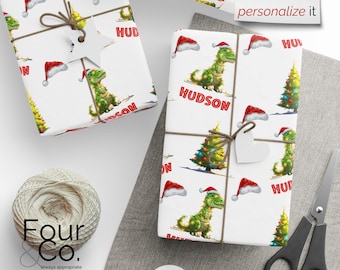 Dinosaur Christmas Wrapping Paper, Dino Christmas Paper, Custom Name Wrapping Paper