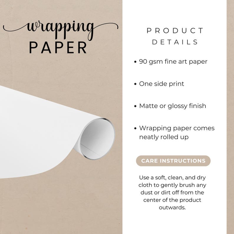 May include: White wrapping paper with the word "wrapping" in a cursive font and the word "PAPER" in a sans-serif font. Product details include 90 gsm fine art paper, one-side print, and matte or glossy finish.