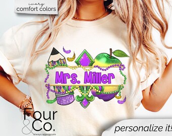 Camiseta de profesora de Mardi Gras, sudadera con nombre de profesora de Mardi Gras