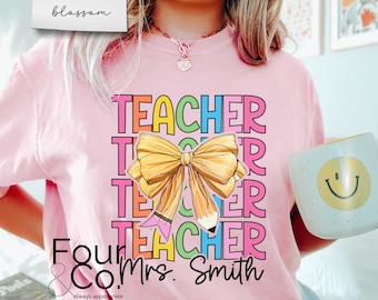 Personalized Teacher Shirt, Coquette Bow Design, Custom Comfort Colors Tee