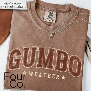 May include: A brown t-shirt with the text "GUMBO WEATHER" in a vintage style font. The shirt also has the text "Four & Co. always appropriate" printed on the bottom.