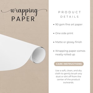 May include: White wrapping paper with the word "wrapping" in a cursive font and the word "PAPER" in a sans-serif font. Product details include 90 gsm fine art paper, one-side print, and matte or glossy finish.