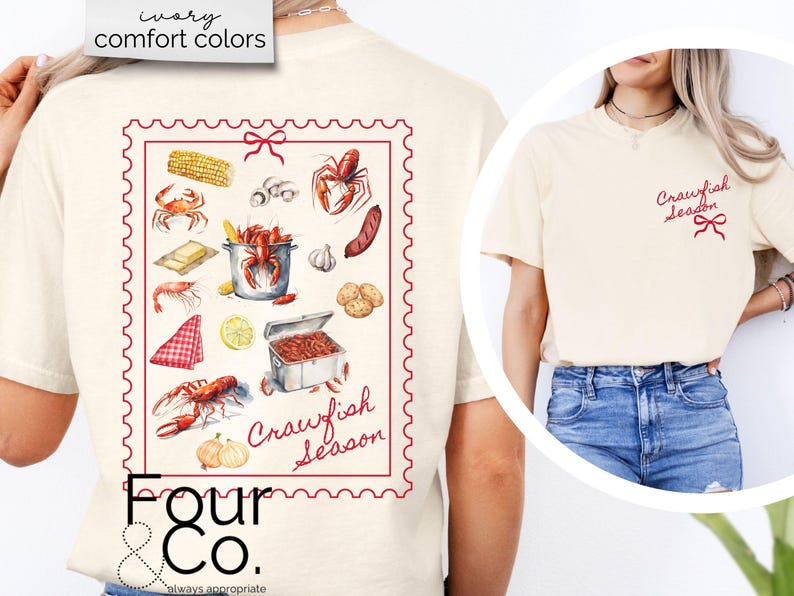 May include: A beige t-shirt with a red and white graphic of a crawfish boil with the text "Crawfish Season" and the logo "Four & Co. always appropriate".