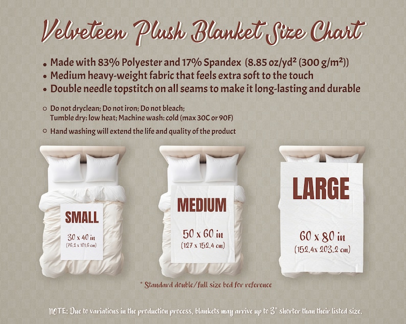 May include: Size chart for a velveteen plush blanket. The chart shows three sizes: small (30 x 40 inches), medium (50 x 60 inches), and large (60 x 80 inches). The blanket is made with 83% polyester and 17% spandex and is described as medium weight and soft to the touch.