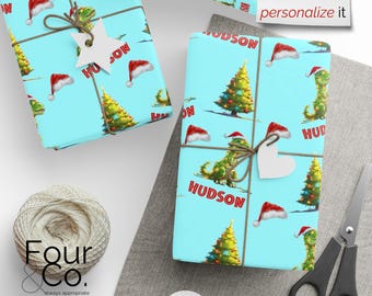 Personalized Boy Christmas Dinosaur Wrapping Paper