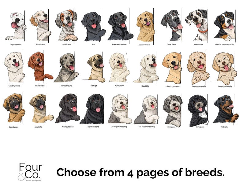 May include: A chart of different dog breeds, each illustrated with a cartoon dog peeking around a corner. The breeds are listed below each dog, including Great Pyrenees, Irish Setter, Irish Wolfhound, Komondor, Old English Sheepdog, and more.
