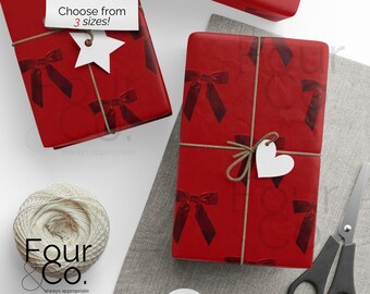 Red Velvet Bow Christmas Wrapping Paper, Coquette Bow Gift Wrap