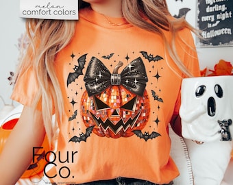 Disco Halloween Shirt, Coquette Pumpkin Shirt, Pumpkin Bow Shirt
