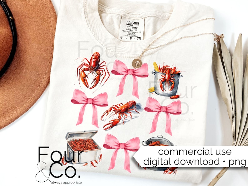 May include: A digital download of a set of 8 watercolor illustrations featuring crawfish and pink bows. The illustrations are perfect for creating crafts, scrapbooking, or adding a touch of Southern charm to your designs.