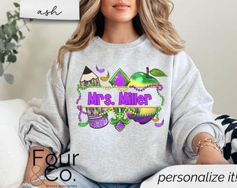 Camiseta de Mardi Gras con nombre de profesor, sudadera de Mardi Gras personalizada para profesor