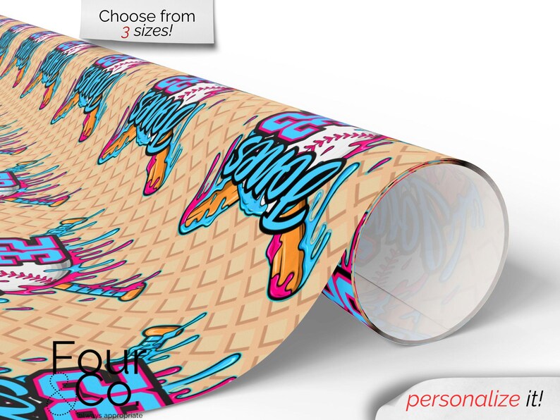 May include: Rolled paper with a repeating baseball-themed design. The design features a baseball with the text "GG Squad" in blue and pink, with orange and blue accents. The background is a light tan waffle pattern. Text at the top says "Choose from 3 sizes!"