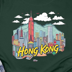 Hong Kong skyline graphic tee, vibrant cityscape illustration t-shirt, colorful urban Hong Kong design, casual summer wear