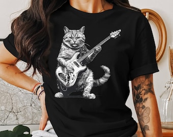 Funny Cat Playing Guitar T-Shirt: Rock Music Gift Tee