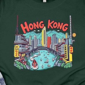 Hong Kong cityscape graphic tee, vibrant Hong Kong skyline T-shirt, unique Hong Kong illustration shirt, travel destination tee