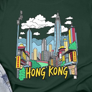 Hong Kong city skyline graphic tee, colorful Hong Kong skyline T-shirt, trendy streetwear Hong Kong graphic top