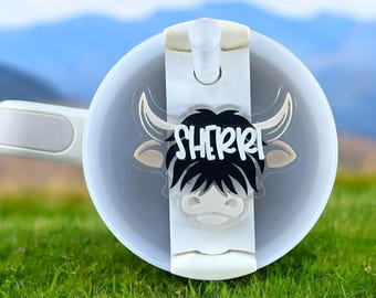 Highland Cow Topper for Stanley Tumbler 20/30/40 oz Quencher H2.0 -Cow Lover Gift/Birthday-Personalized Bookbag/keychain tag-Rustic Decor