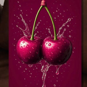 Bold Cherry Wall Art | Glossy Red Fruit Splash Poster | Modern Aesthetic Kitchen or Bar Print | 18x24 Juicy Cherry Artwork | Pop Fruit Decor