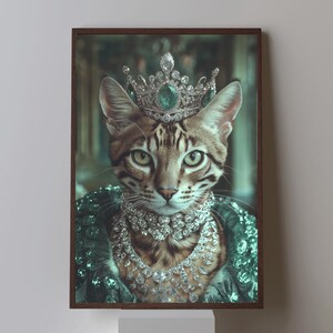 Royal Emerald Cat - Luxury Feline Wall Art, Regal Cat Portrait, Aristocratic Cat Print
