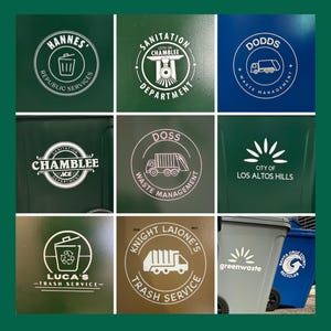 May include: Custom logo examples on green, gray, and blue trash bins. The logos are circular and feature text such as "Hannes Republic Services", "Sanitation Department", and "Dodds Waste Management". The image also includes the text "Custom Logo Examples".