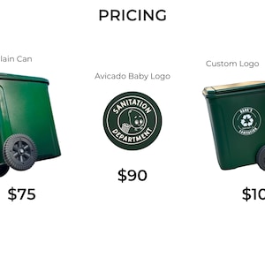 May include: Green trash cans with wheels and handles are displayed. One is labeled "Plain Can", another has an "Avicado Baby Logo", and the third has a "Custom Logo". The word "PRICING" is at the top.