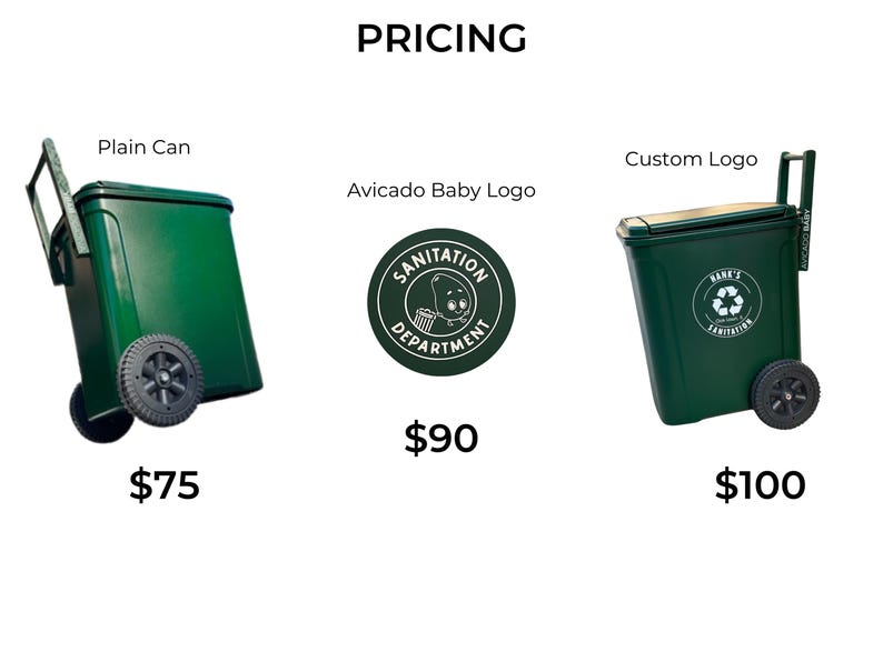 May include: Green trash cans with wheels and handles are displayed. One is labeled "Plain Can", another has an "Avicado Baby Logo", and the third has a "Custom Logo". The word "PRICING" is at the top.