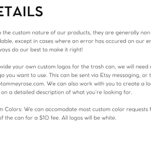 May include: White background with the word "DETAILS" in bold black font. Bullet points list information about custom product details, including refunds, custom logos, and custom color options for a fee.