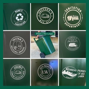 May include: A collage of green panels showcasing custom logo examples. The logos are circular, white designs on a dark green background, featuring text and graphics related to sanitation, recycling, and trash collection services. The text "CUSTOM LOGO EXAMPLES" is on the left and right sides.