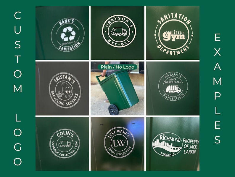 May include: A collage of green panels showcasing custom logo examples. The logos are circular, white designs on a dark green background, featuring text and graphics related to sanitation, recycling, and trash collection services. The text "CUSTOM LOGO EXAMPLES" is on the left and right sides.