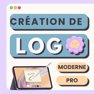 Könnte beinhalten: Illustration mit dem Text "CRÉATION DE LOGO" und "MODERNE PRO". Eine Frau mit dunklen Haaren ist rechts. Ein Tablet mit Stift und ein Adobe Illustrator-Dateisymbol sind ebenfalls vorhanden. Der Hintergrund ist hellviolett.