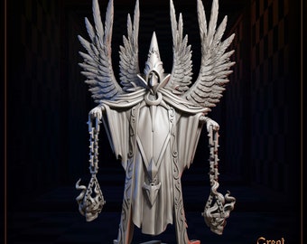 May include: A gray, detailed miniature figurine of a winged figure wearing a robe and holding chains with skulls at the end. The figure is standing on a base and has the text "OSWALD (BISHOP)" at the bottom. The text "Great Grimoire" is in the bottom right corner.