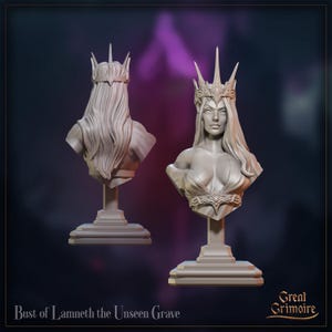 May include: Two grey busts of a woman with long hair and a crown. The busts are on pedestals. The front bust shows the woman's face and upper body. The text "Bust of Lamneth the Unseen Grave" is at the bottom.