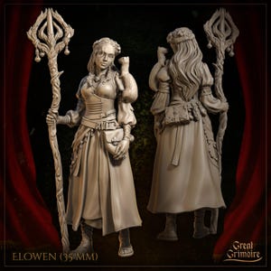 May include: A detailed miniature figurine of a female wizard with long hair, wearing a long dress and holding a staff. She is accompanied by a small animal, possibly a ferret, on her shoulder. The figurine is made of a light gray material and is approximately 35 mm tall. The text "Elowen (35 MM)" is visible at the bottom of the image.