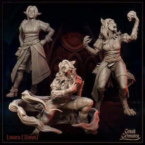 Miniature Lunara le loup-garou (35 mm) - transformation en 3 phases, impression en résine fantaisie D&D