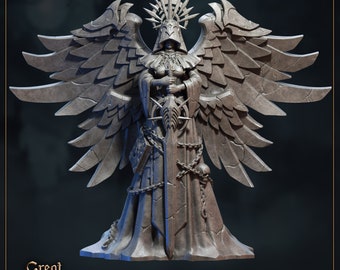 May include: A detailed statue of a robed figure with large, ornate wings, holding a sword. The figure wears a crown and is adorned with chains and a skull. The statue is a dark, weathered gray color. The text "Great Grimoire" and "Ajuzutt" are visible.
