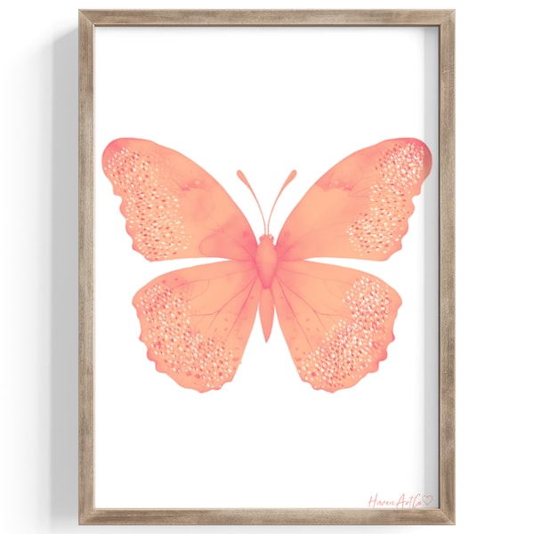 Peach and Pink Butterfly Wall Art Prints, Split Butterfly Digital Wall Art, Large Butterfly Maximalist Art, Butterfly & floral Artwork Print