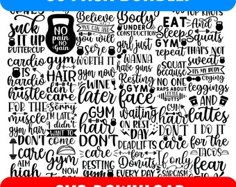 Gym Fitness SVG Bundle, Workout Motivation Quotes, Funny Exercise Designs, Fitness Shirt SVGs, Gym Decor, Cricut and Silhouette Cut Files