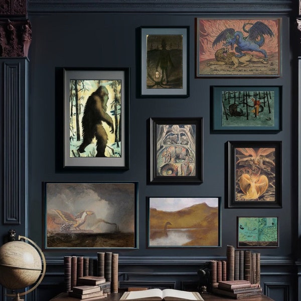 Dark Academia Cryptid Gallery Wall Set | Bigfoot, Sasquatch & Kraken Art | Set of 9 | Digital Download