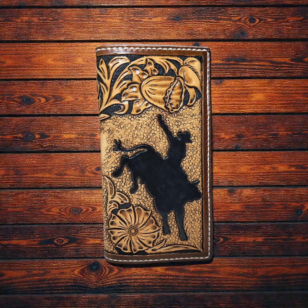 Roper Rodeo Wallet Handmade Tooled Bull Rider Leather Roper Wallet - Etsy