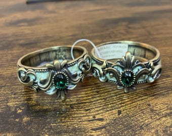 Pair Napkin Rings Green Enamel Swarovski Crystals Ornate Victorian Baroque