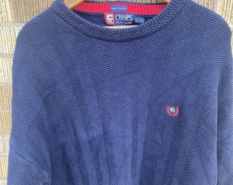 VTG Chaps Ralph Lauren Sweater Mens XL Blue Hand Framed Herringbone Knit Y2K