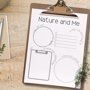 May include: A printable worksheet with the title "Nature and Me" on a clipboard. The worksheet has four sections: "This is Me", "My Nature Walk Observation", "5 Things I Love About Nature", and "A Special Place Outdoors". Each section has a circle or rectangle for drawing or writing.