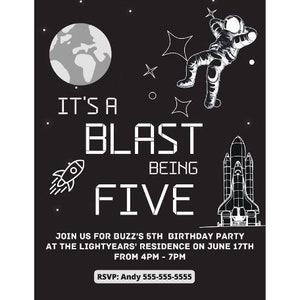Invitación para el quinto cumpleaños de un astronauta, fiesta de quinto cumpleaños para niños en el espacio, plantilla editable, descarga instantánea