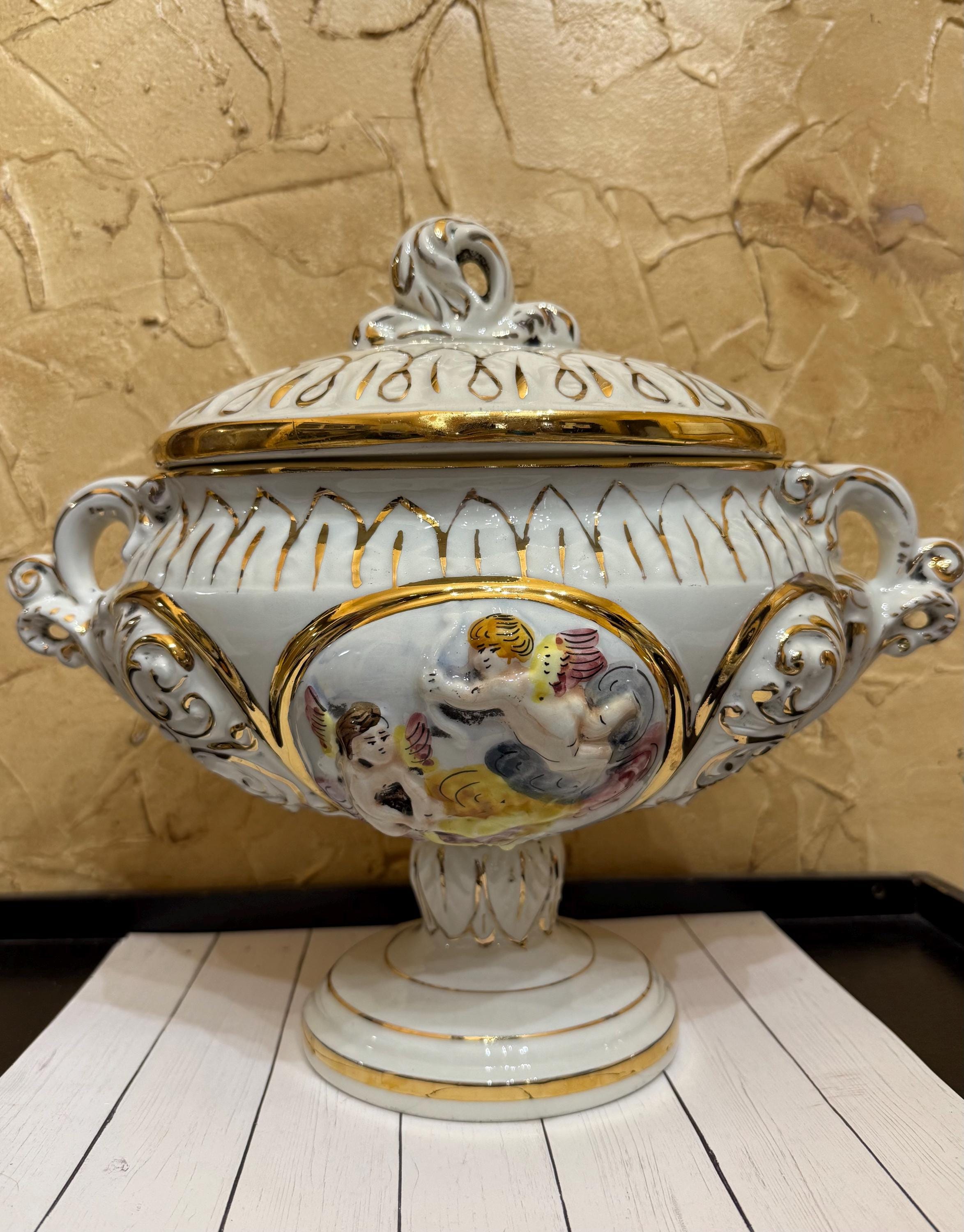 Vtg Keramos R. Capodimonte Italy Gorgeous Pompous Terrine with Lid on Foot, Gilded Putt Angel Handmade! Ceramic Bowl Jardiniere RARE