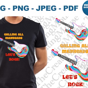 May include: Black t-shirt with a colorful electric guitar graphic. The guitar features a white body with rainbow swirls and the text "CALLING ALL MAYHEADS" and "LET'S ROCK!" in orange and red.