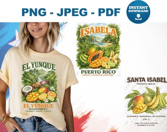 Puerto Rico Tropical Shirt Design Bundle, Vintage Fruit, Travel Apparel (PNG, JPG, PDF)